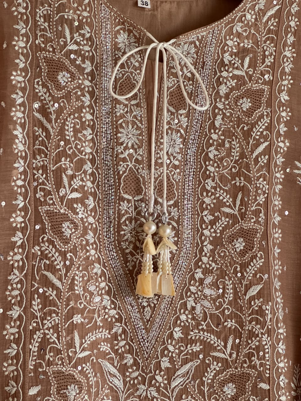 Cocoa Brown Malmal Pearl White Chikankari Ready to Wear Kurta Set