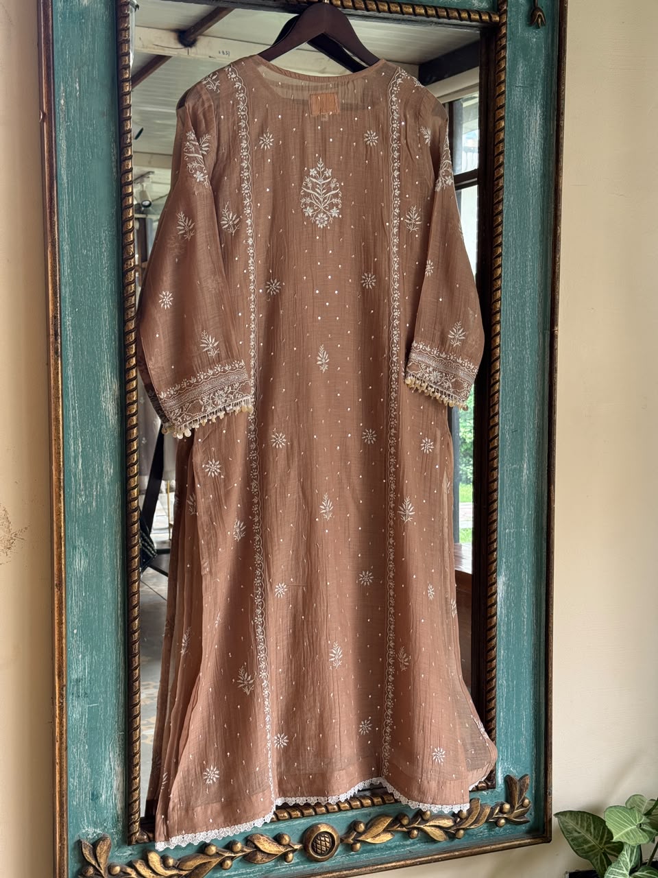 Cocoa Brown Malmal Pearl White Chikankari Ready to Wear Kurta Set