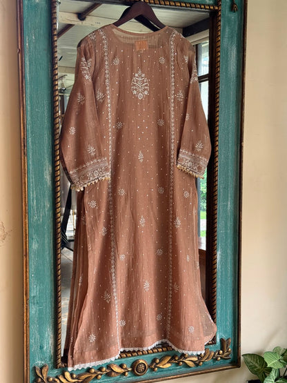 Cocoa Brown Malmal Pearl White Chikankari Ready to Wear Kurta Set