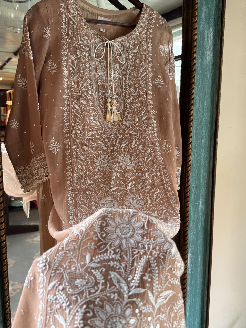 Cocoa Brown Malmal Pearl White Chikankari Ready to Wear Kurta Set