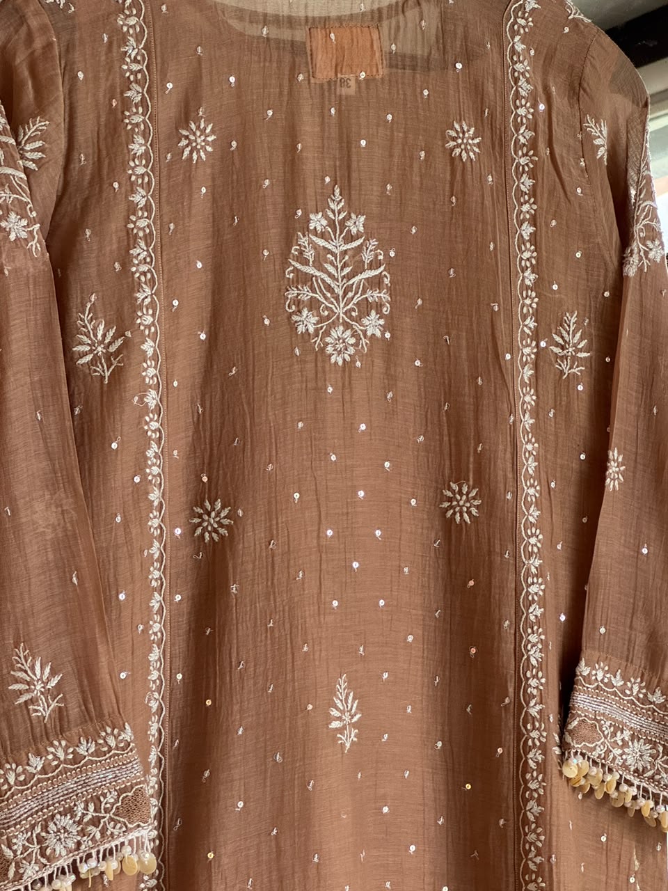 Cocoa Brown Malmal Pearl White Chikankari Ready to Wear Kurta Set
