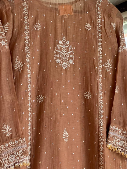 Cocoa Brown Malmal Pearl White Chikankari Ready to Wear Kurta Set