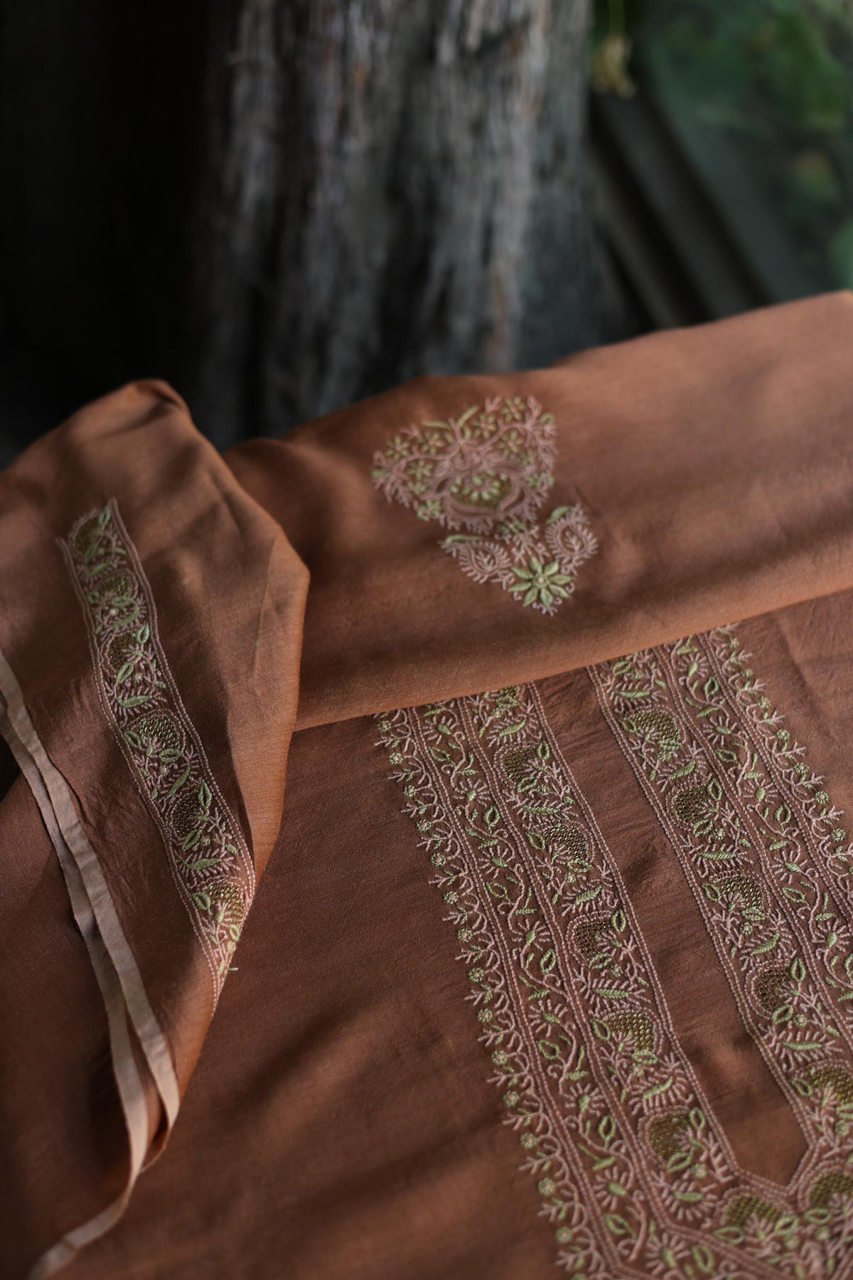 Cocoa Shade Moonga Silk Chikankari Men’s Kurta Fabric