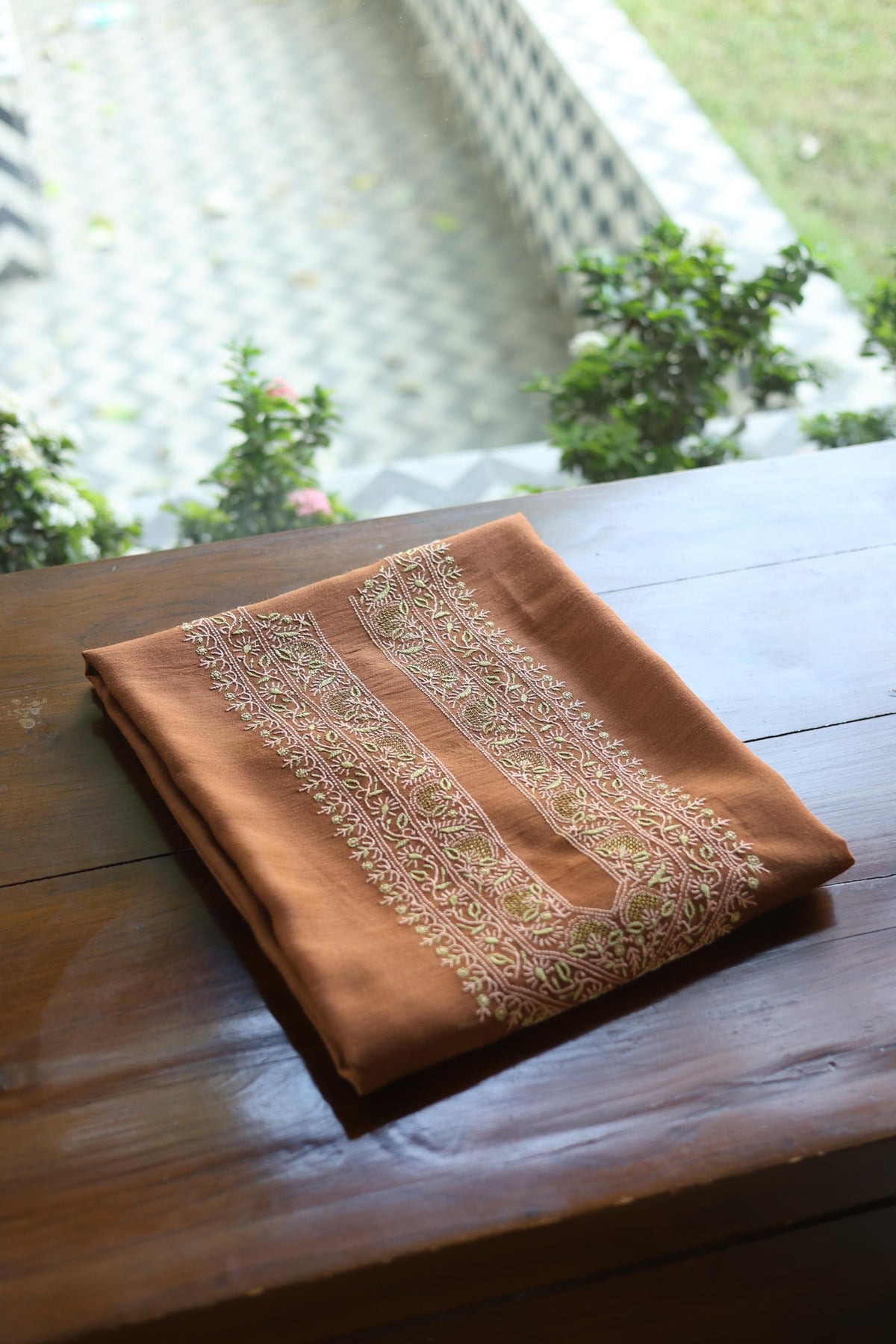 Cocoa Shade Moonga Silk Chikankari Men’s Kurta Fabric