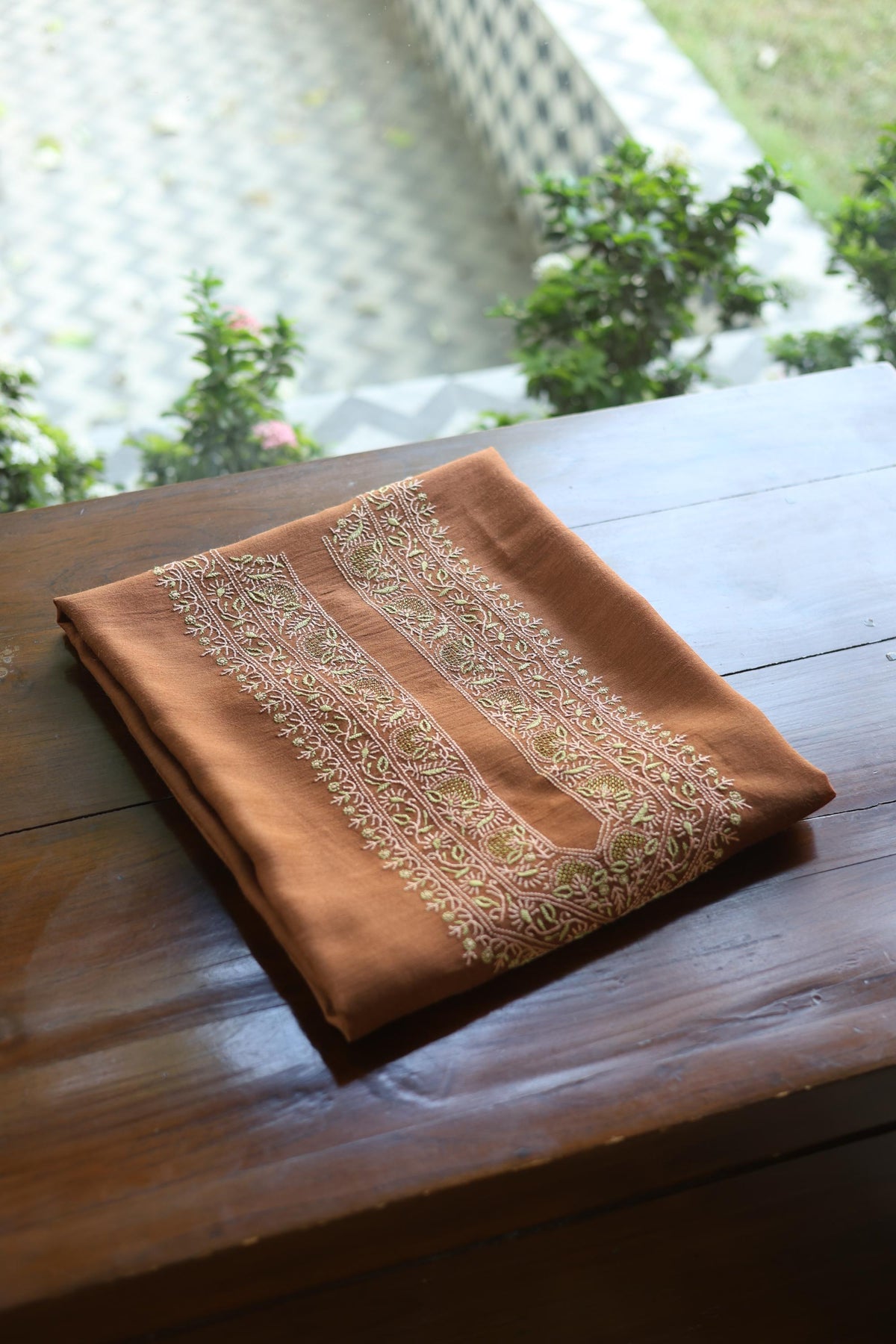 Cocoa Shade Moonga Silk Chikankari Men’s Kurta Fabric