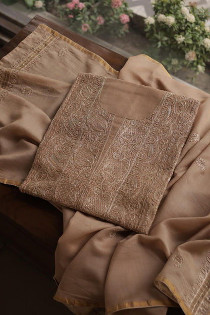 Coffee Brown Maheshwari Chikankari Unstitched Fabric