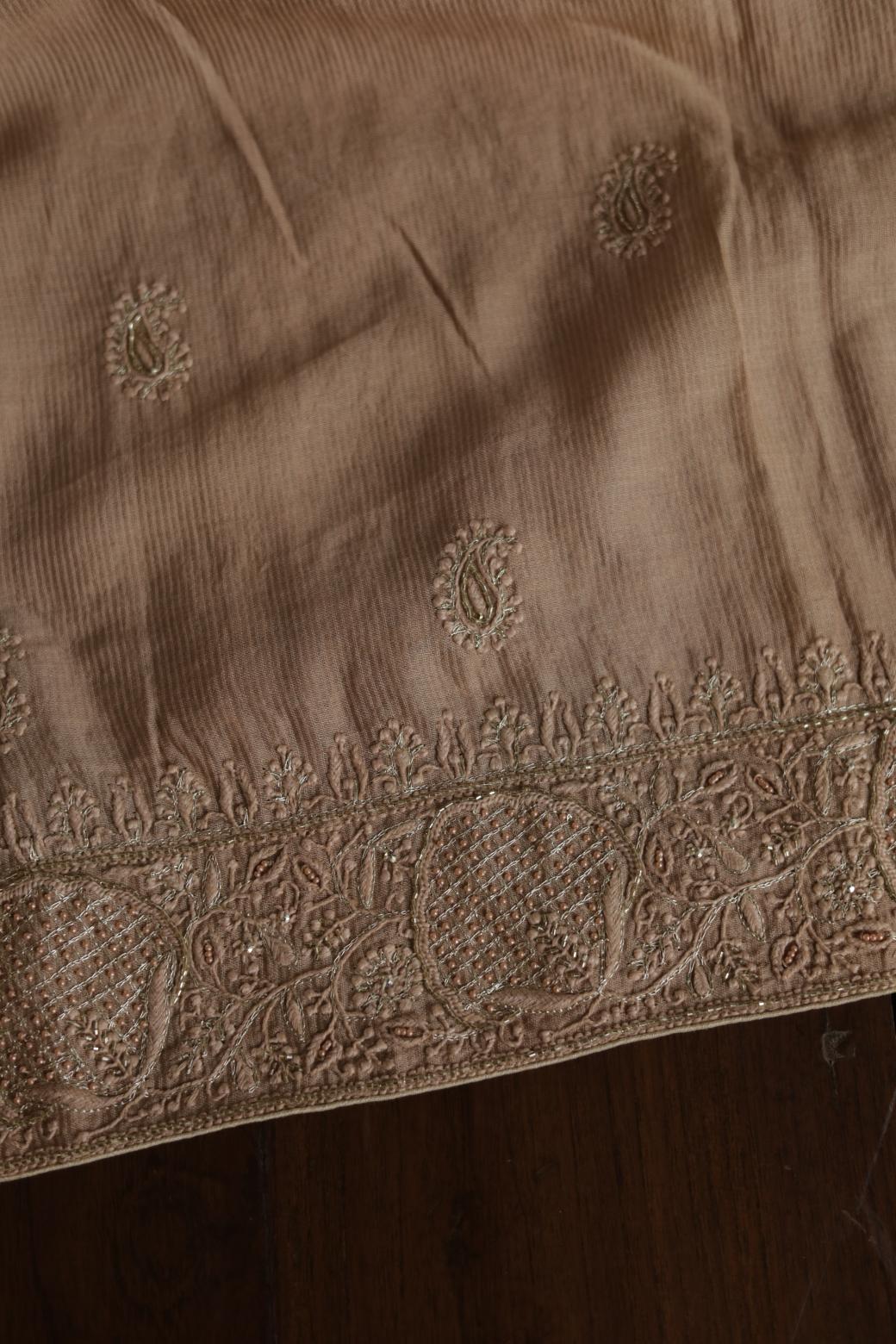 Coffee Brown Maheshwari Chikankari Unstitched Fabric