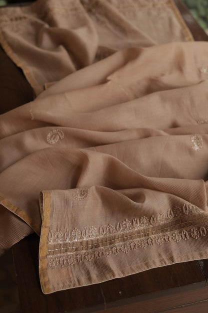 Coffee Brown Maheshwari Chikankari Unstitched Fabric