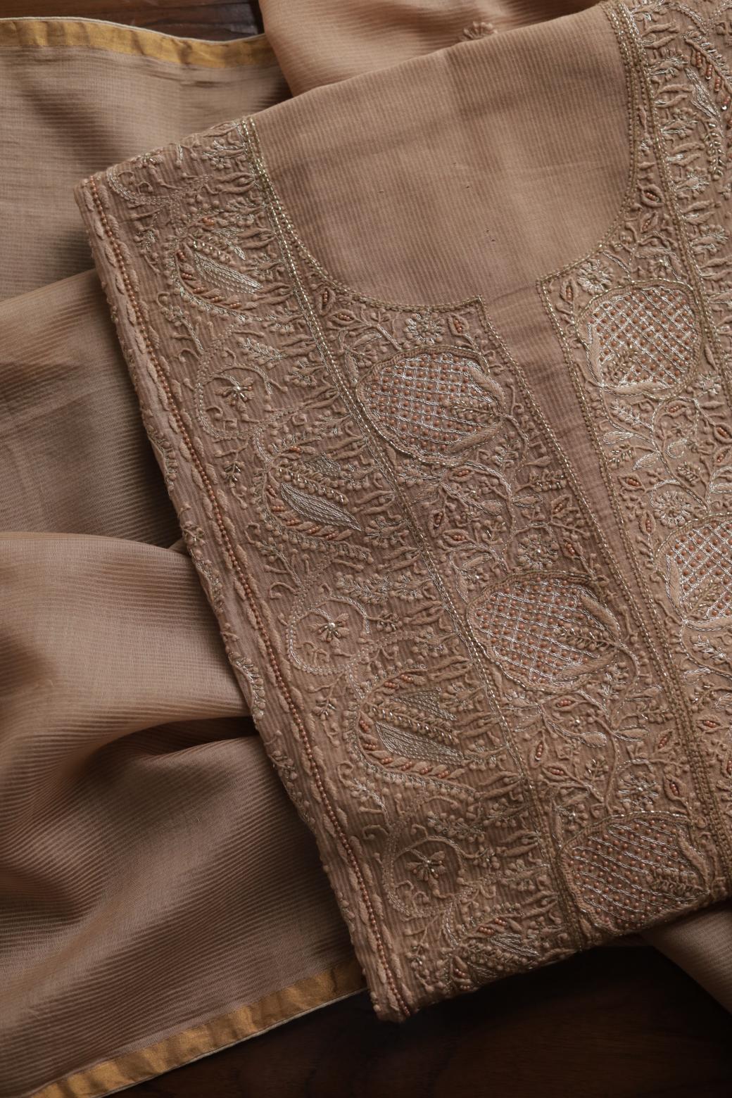 Coffee Brown Maheshwari Chikankari Unstitched Fabric