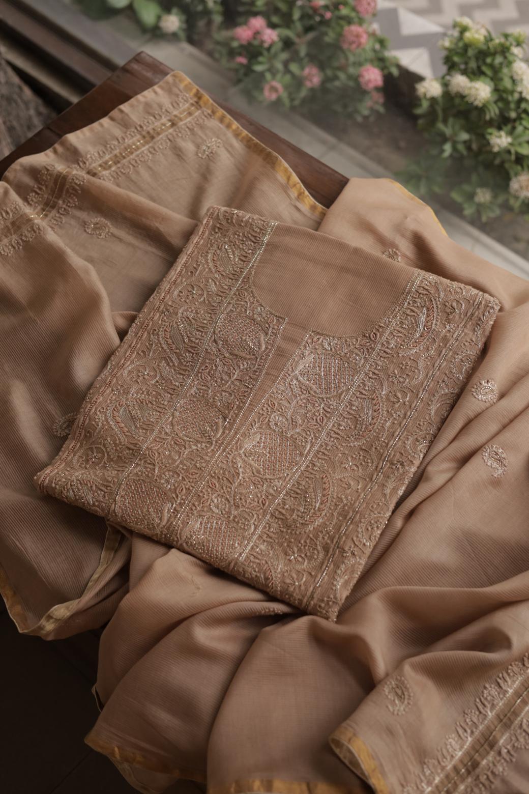 Coffee Brown Maheshwari Chikankari Unstitched Fabric