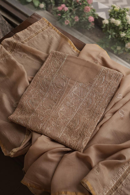 Coffee Brown Maheshwari Chikankari Unstitched Fabric