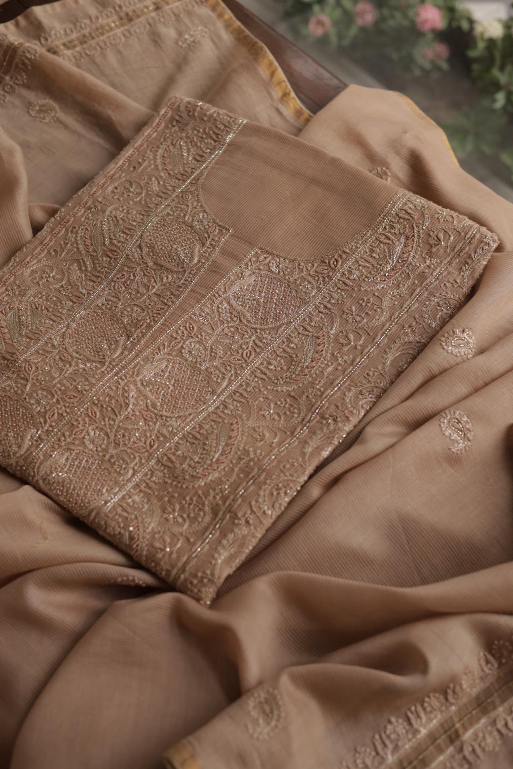 Coffee Brown Maheshwari Chikankari Unstitched Fabric
