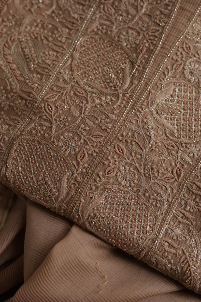 Coffee Brown Maheshwari Chikankari Unstitched Fabric