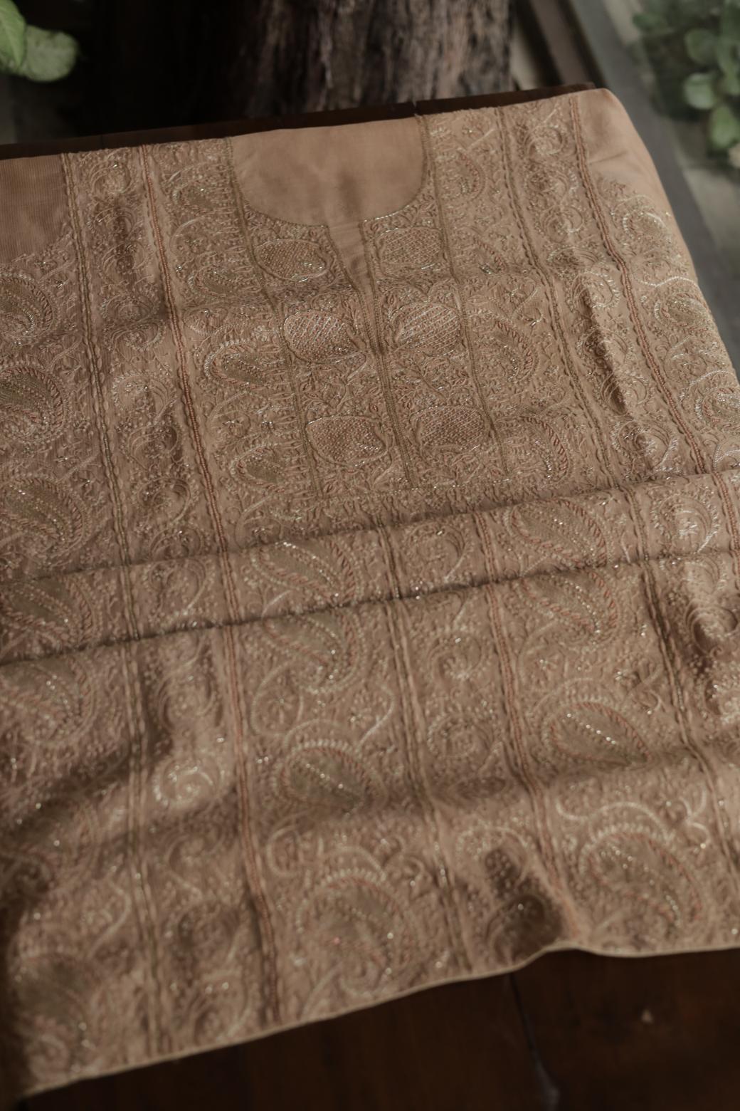 Coffee Brown Maheshwari Chikankari Unstitched Fabric
