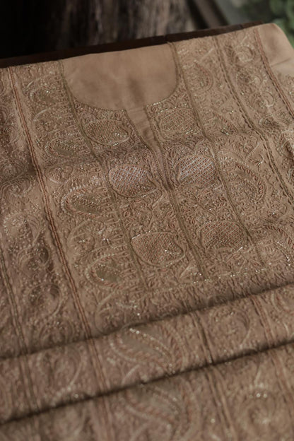 Coffee Brown Maheshwari Chikankari Unstitched Fabric