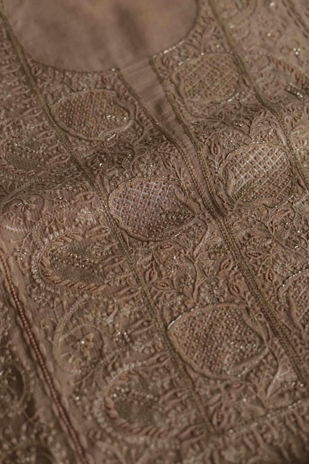 Coffee Brown Maheshwari Chikankari Unstitched Fabric