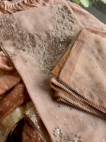 Coffee Brown Ombre Foil Print Organza Chikankari Ready to Wear Sharara Set