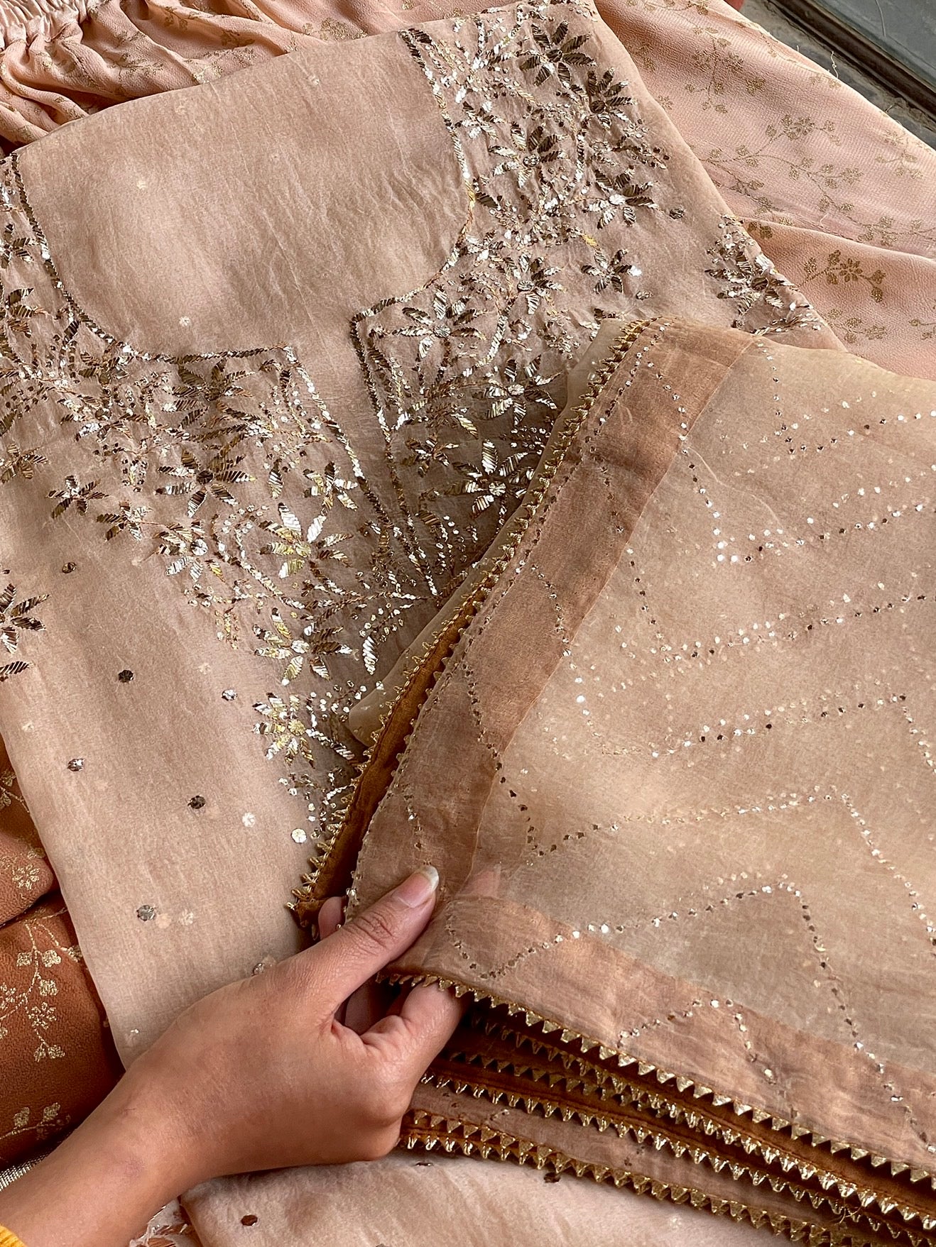 Coffee Brown Ombre Foil Print Organza Chikankari Ready to Wear Sharara Set