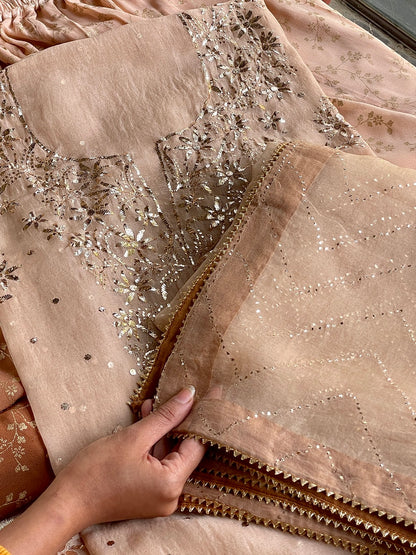 Coffee Brown Ombre Foil Print Organza Chikankari Ready to Wear Sharara Set