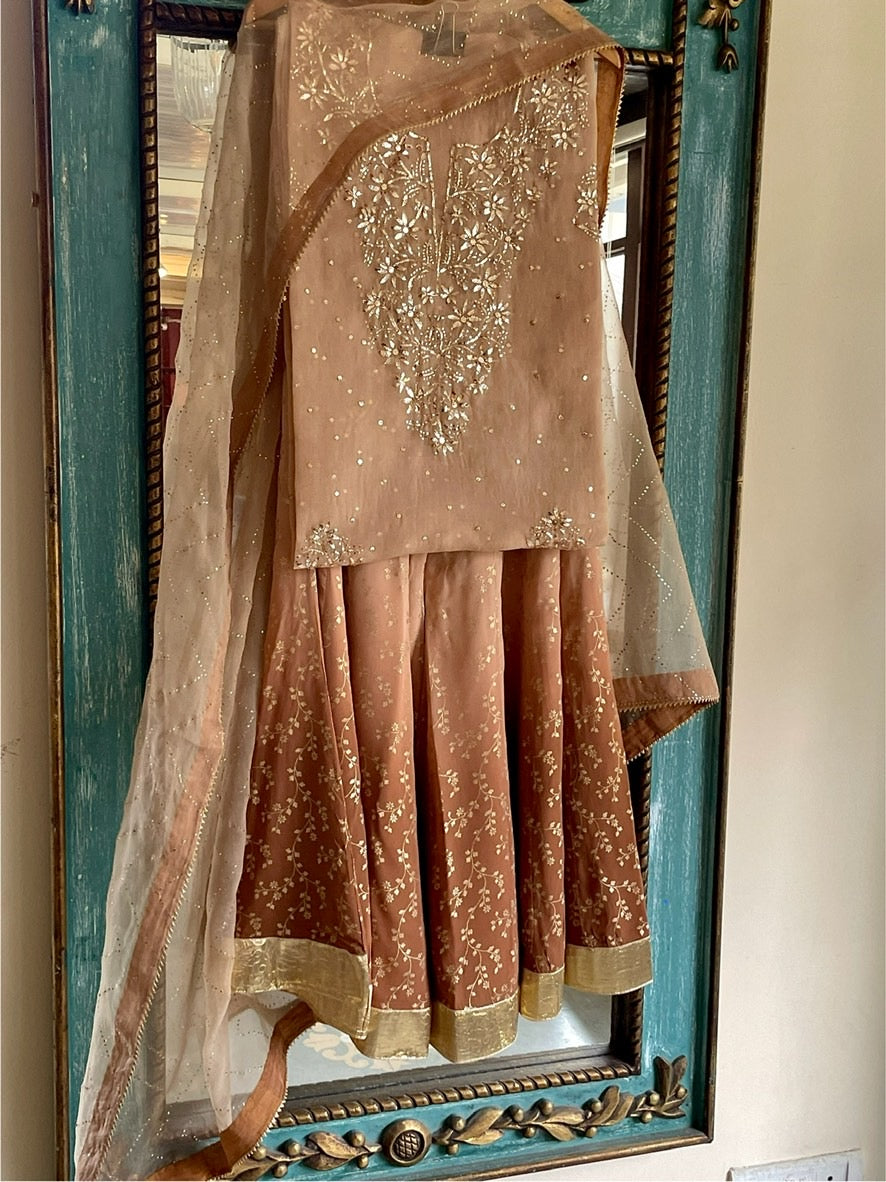 Coffee Brown Ombre Foil Print Organza Chikankari Ready to Wear Sharara Set