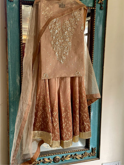 Coffee Brown Ombre Foil Print Organza Chikankari Ready to Wear Sharara Set