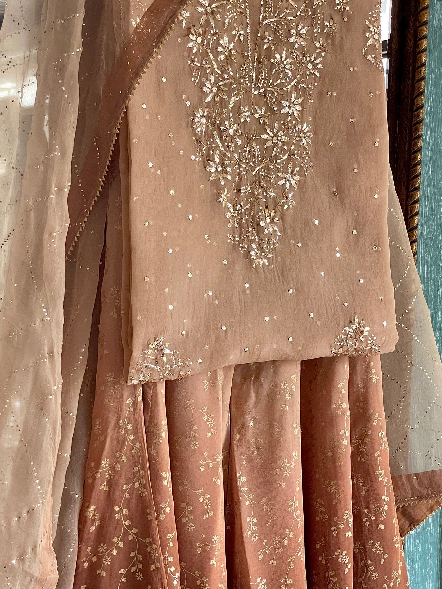 Coffee Brown Ombre Foil Print Organza Chikankari Ready to Wear Sharara Set