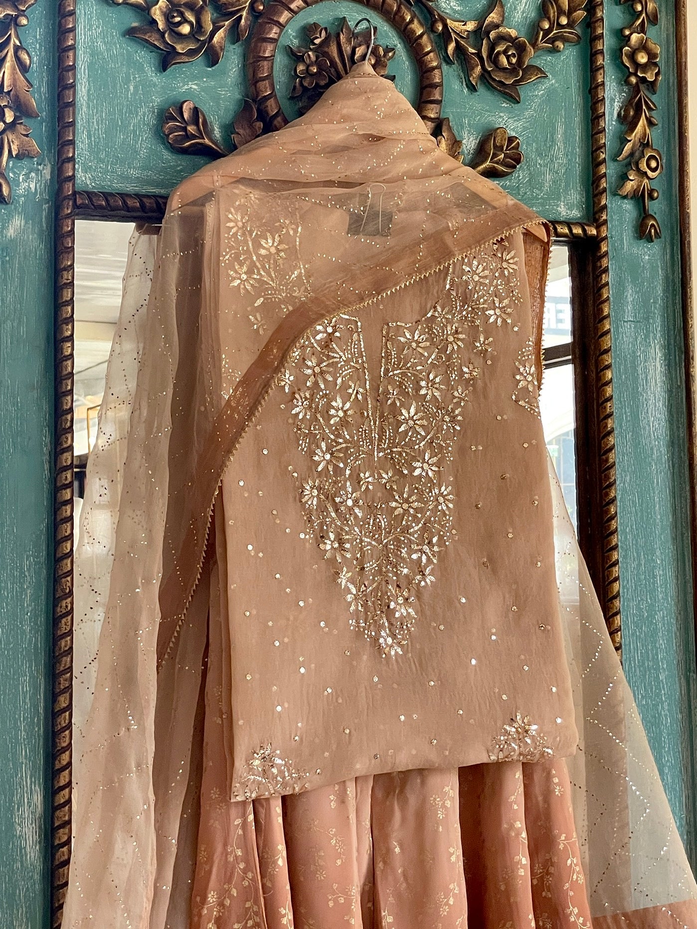 Coffee Brown Ombre Foil Print Organza Chikankari Ready to Wear Sharara Set