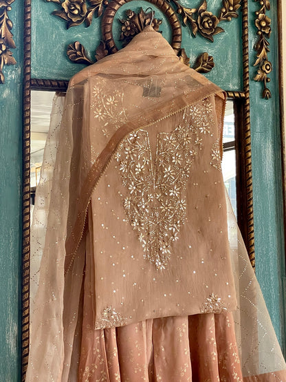 Coffee Brown Ombre Foil Print Organza Chikankari Ready to Wear Sharara Set