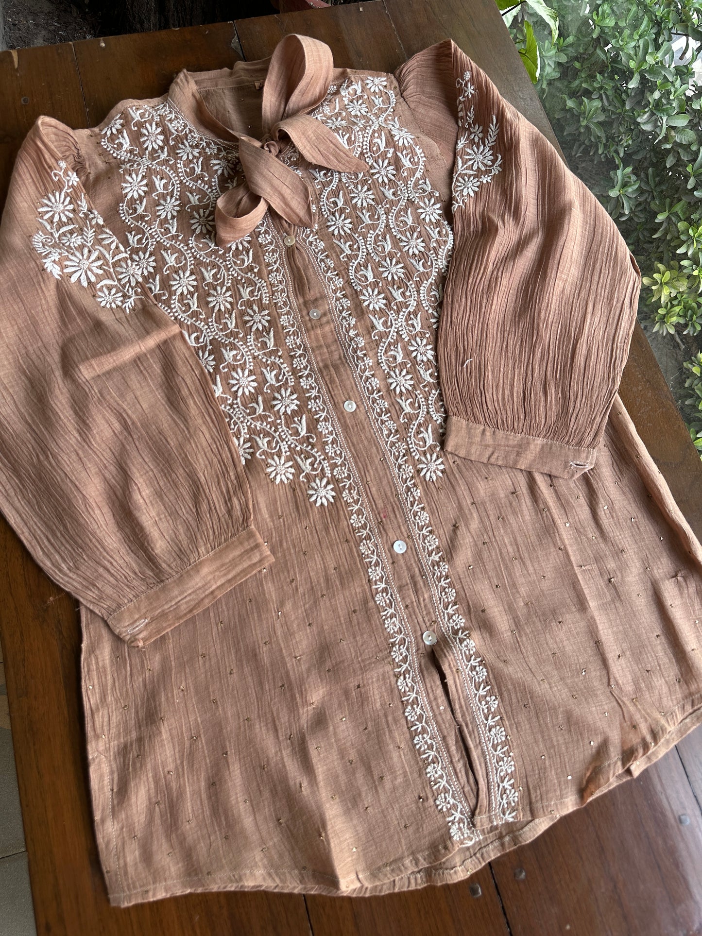 Coffee Brown Shade Chikankari Short Shirt With Lining