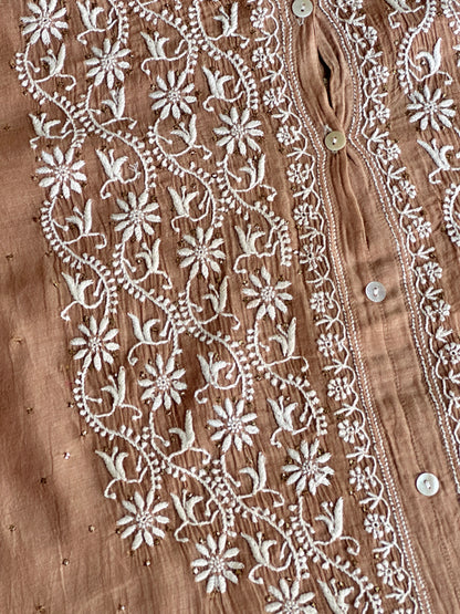 Coffee Brown Shade Chikankari Short Shirt With Lining
