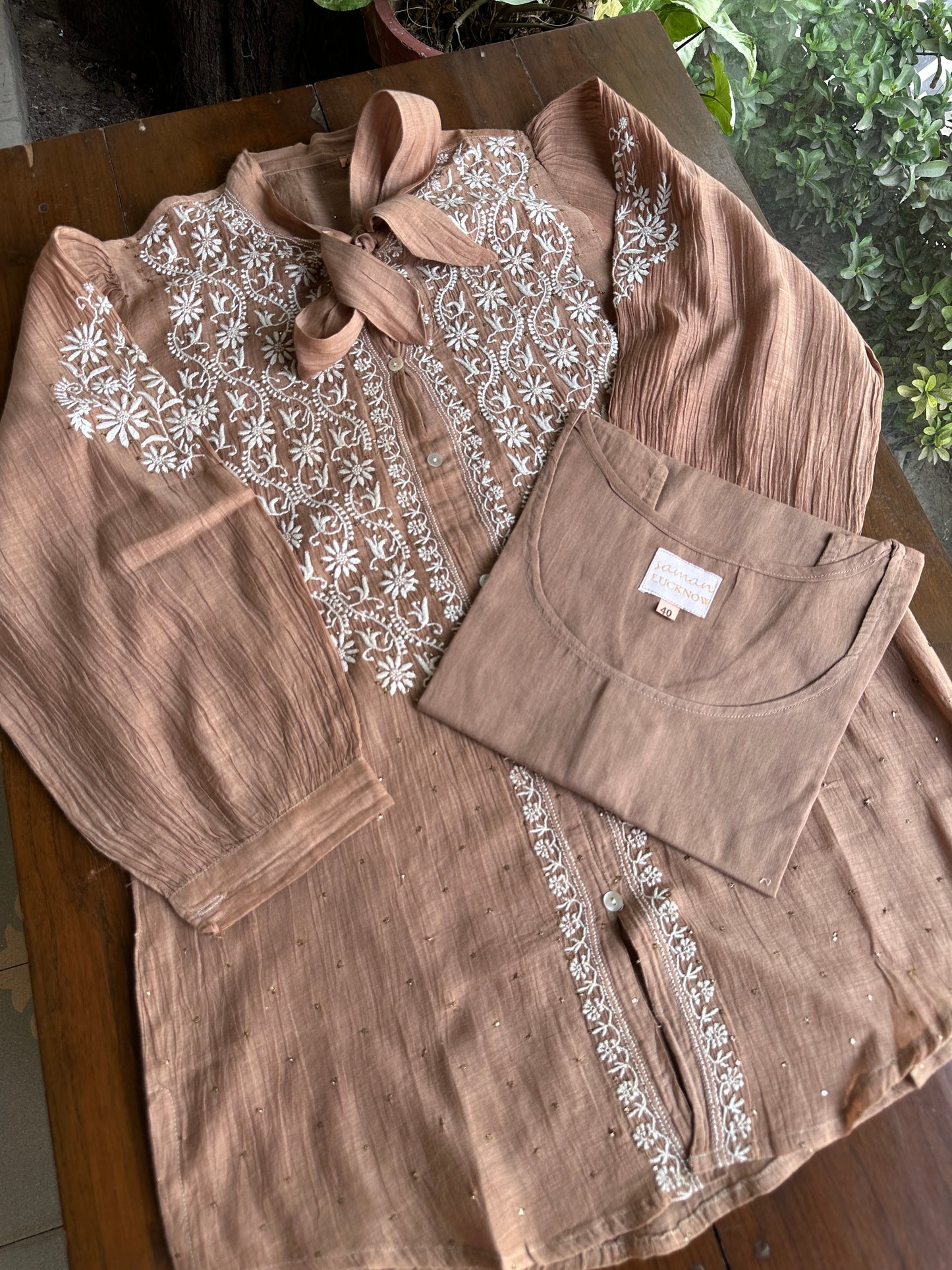 Coffee Brown Shade Chikankari Short Shirt With Lining