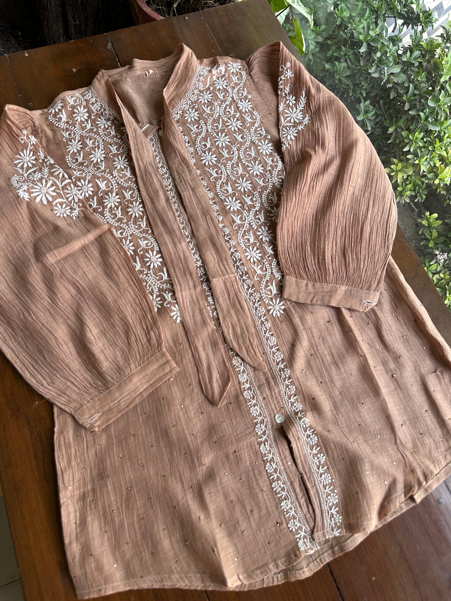 Coffee Brown Shade Chikankari Short Shirt With Lining