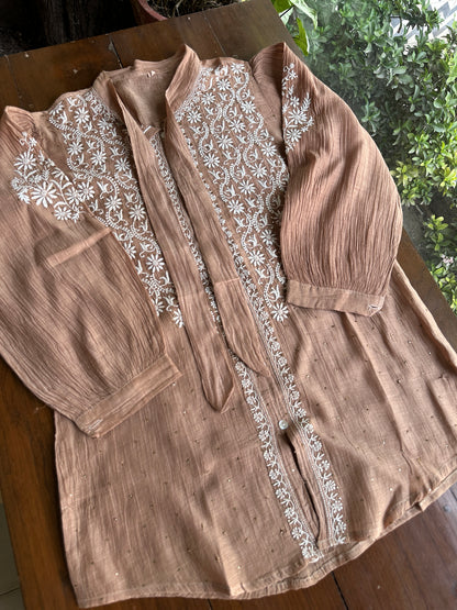 Coffee Brown Shade Chikankari Short Shirt With Lining