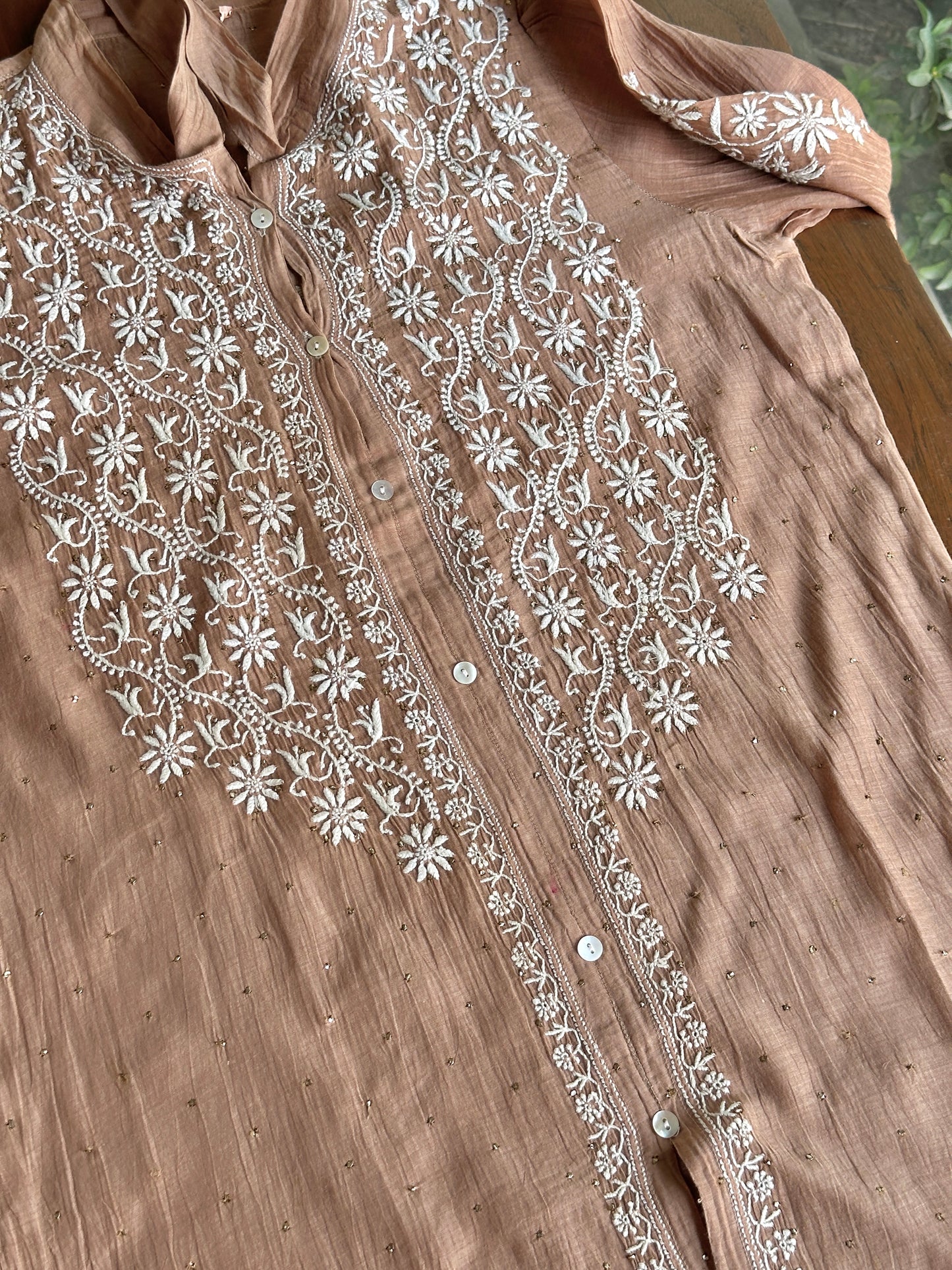 Coffee Brown Shade Chikankari Short Shirt With Lining