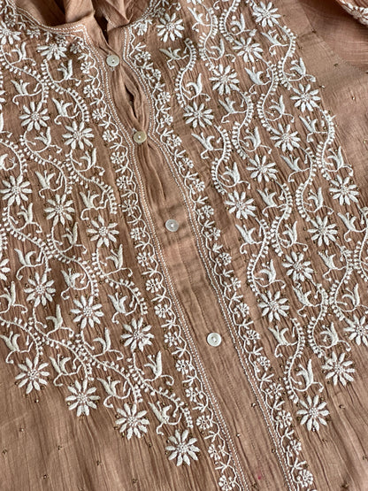 Coffee Brown Shade Chikankari Short Shirt With Lining