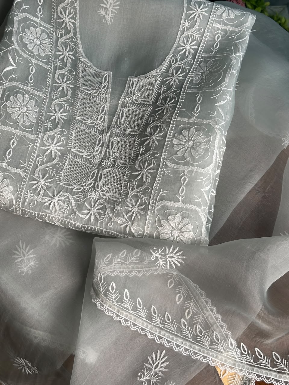 Cool Grey Organza Chikankari Unstitched Suit Fabric