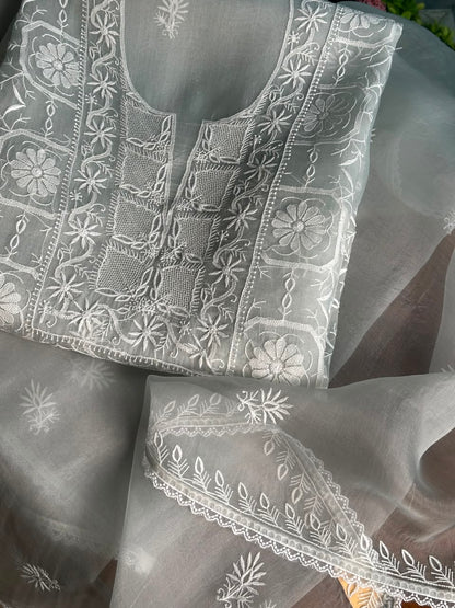 Cool Grey Organza Chikankari Unstitched Suit Fabric