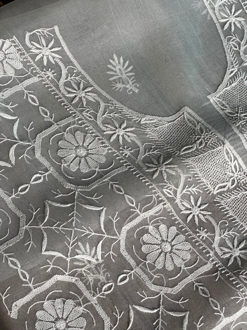 Cool Grey Organza Chikankari Unstitched Suit Fabric