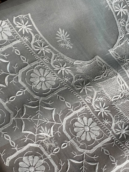 Cool Grey Organza Chikankari Unstitched Suit Fabric