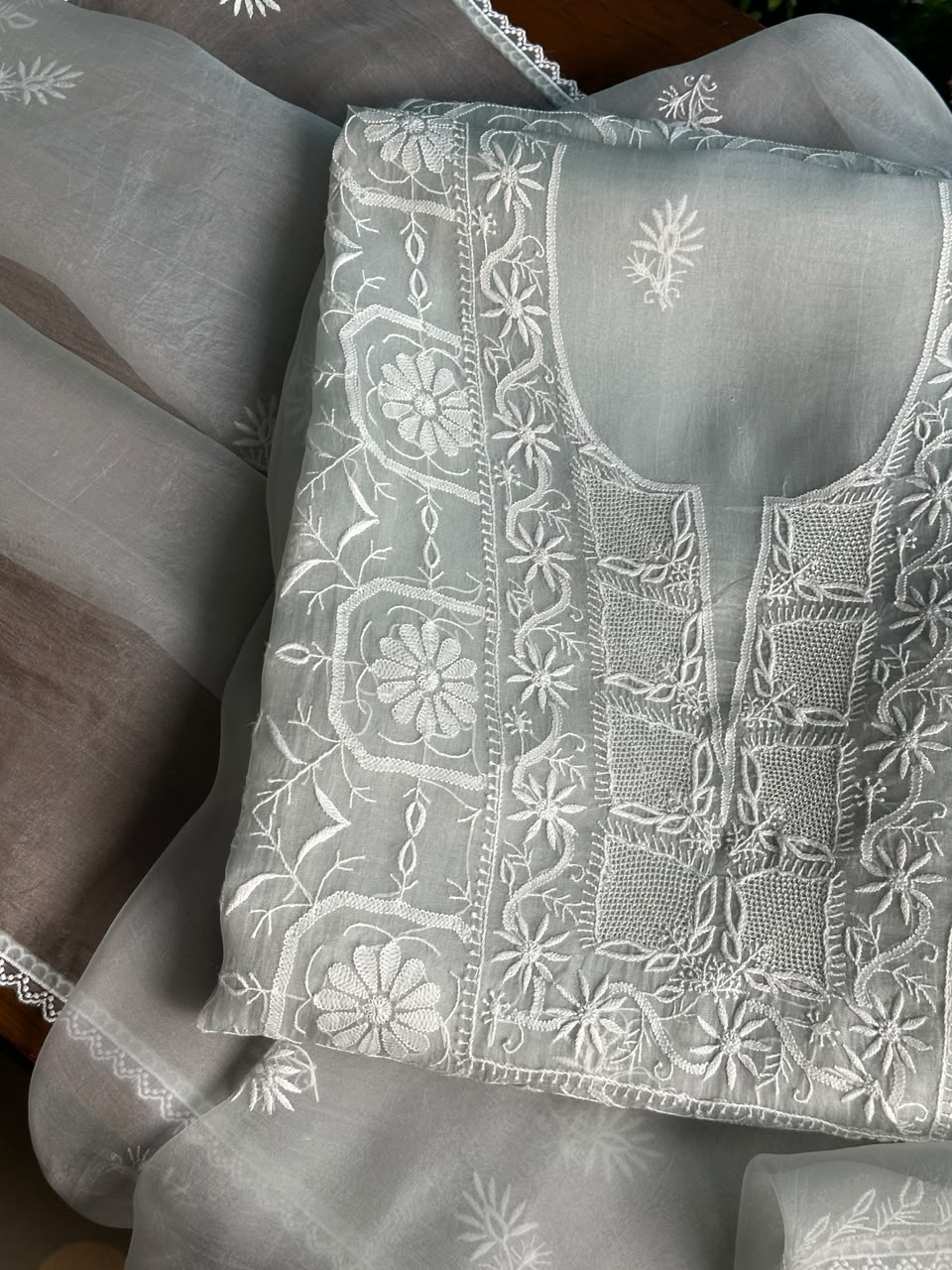 Cool Grey Organza Chikankari Unstitched Suit Fabric