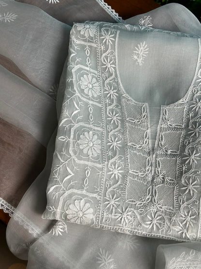 Cool Grey Organza Chikankari Unstitched Suit Fabric