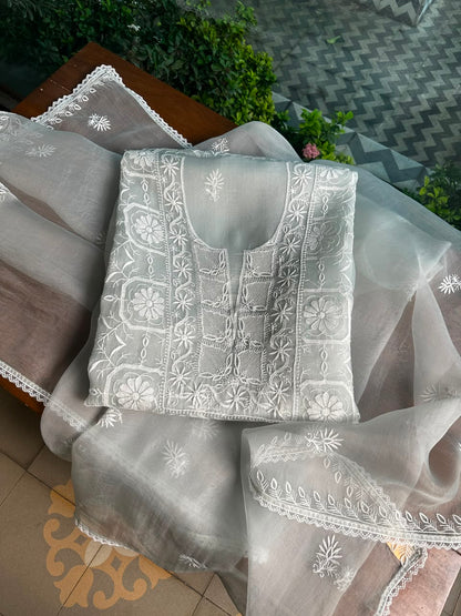 Cool Grey Organza Chikankari Unstitched Suit Fabric
