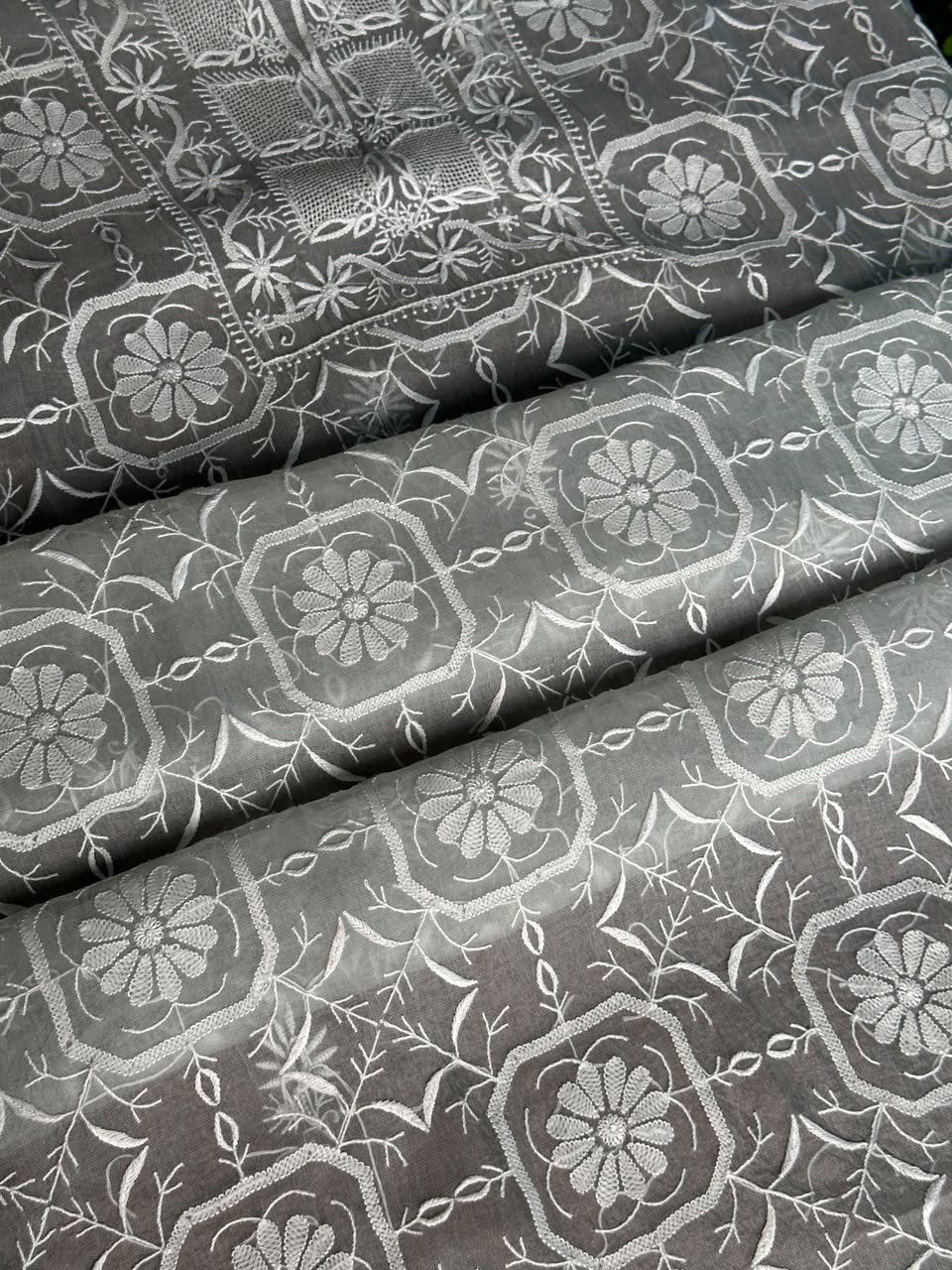 Cool Grey Organza Chikankari Unstitched Suit Fabric