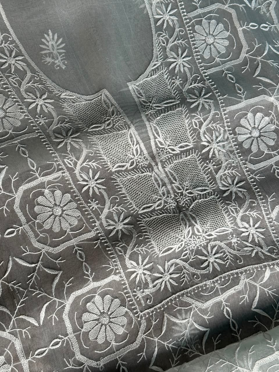 Cool Grey Organza Chikankari Unstitched Suit Fabric