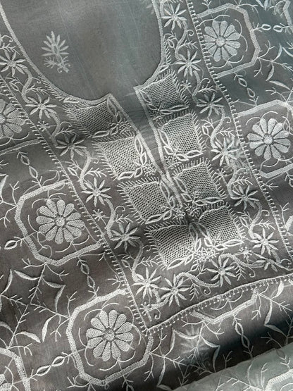 Cool Grey Organza Chikankari Unstitched Suit Fabric