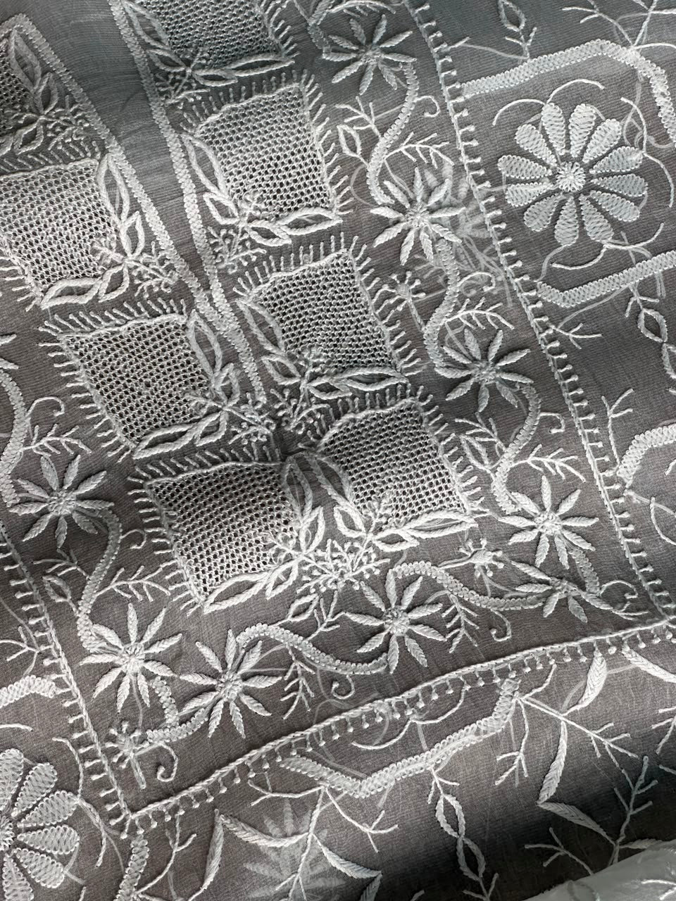 Cool Grey Organza Chikankari Unstitched Suit Fabric