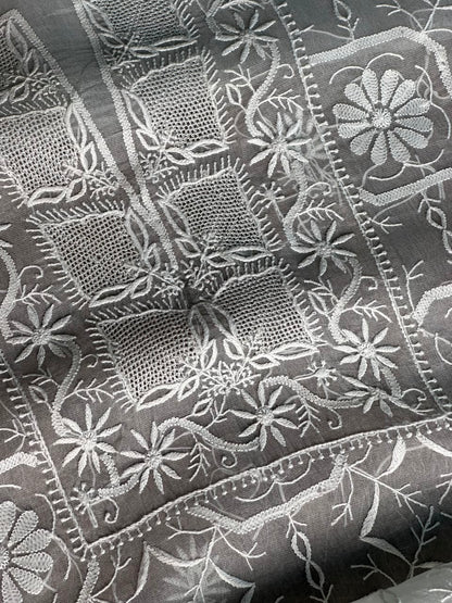Cool Grey Organza Chikankari Unstitched Suit Fabric
