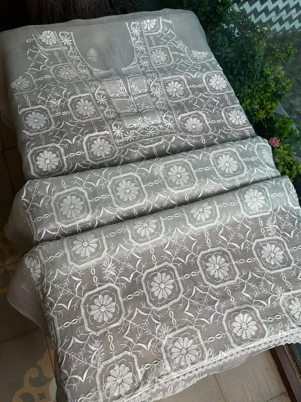 Cool Grey Organza Chikankari Unstitched Suit Fabric