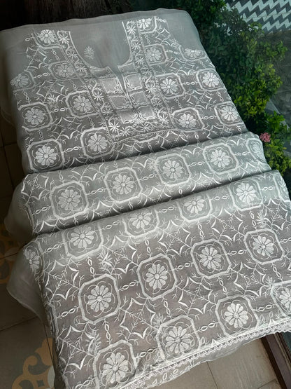 Cool Grey Organza Chikankari Unstitched Suit Fabric