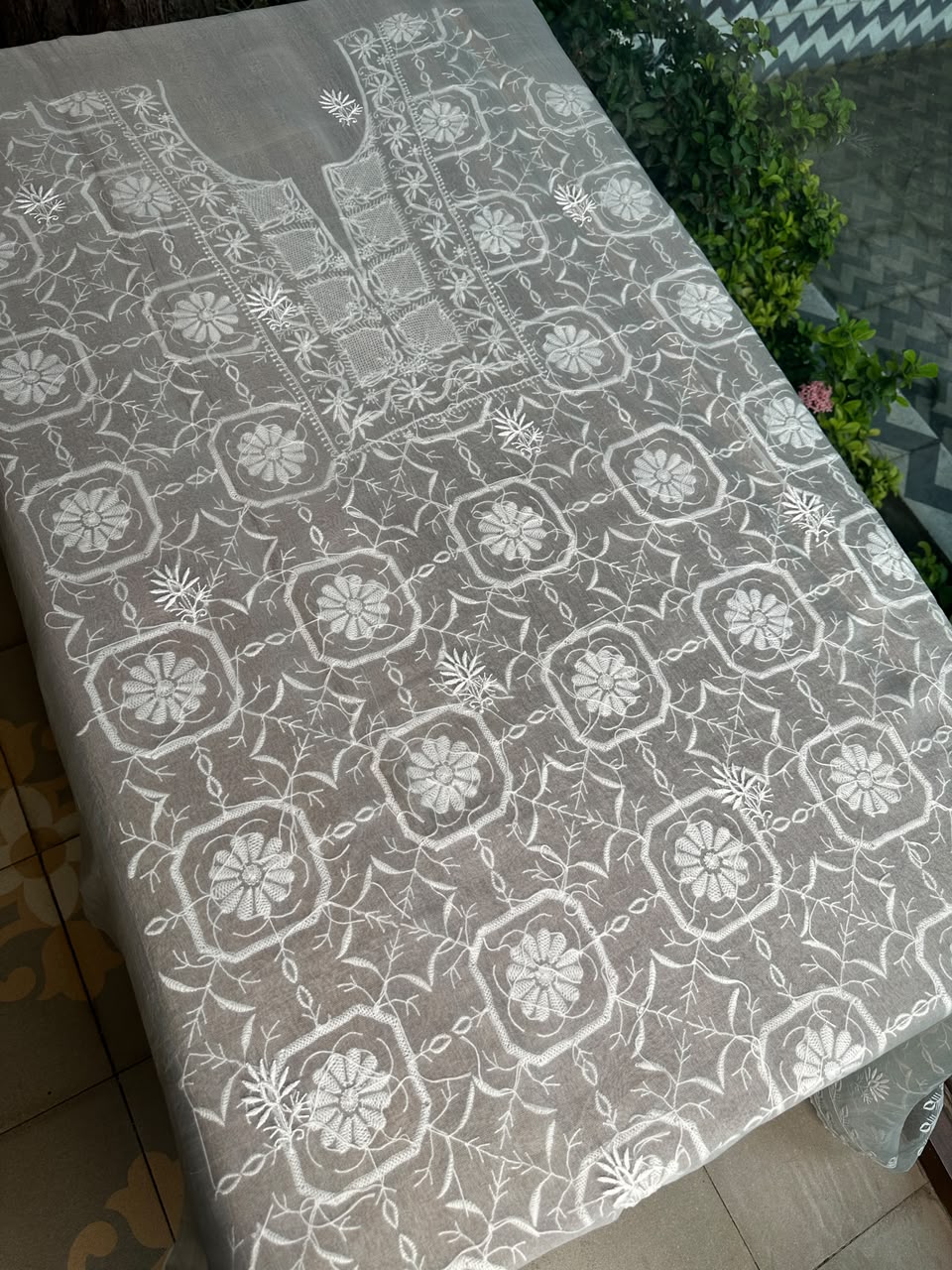 Cool Grey Organza Chikankari Unstitched Suit Fabric